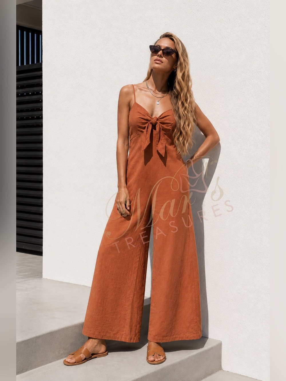 & Other Stories Rust Brown Tie-Front Wide-Leg Jumpsuit Sz 10